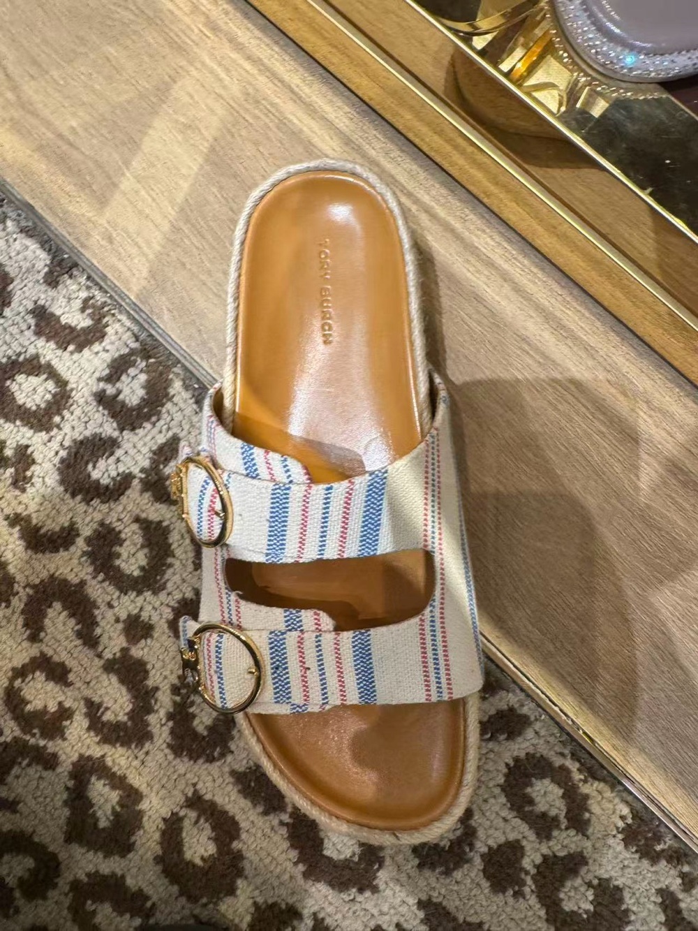 Tory Burch Striped Double-Buckle Slide Sandal in Natural Canvas